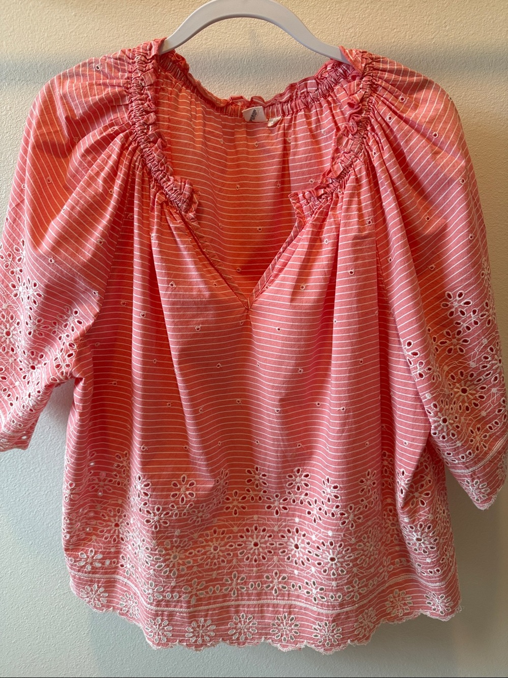 GAP Coral Pink Eyelet Stripe Peasant Blouse
